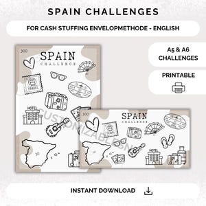 Op de afbeelding: Twee printbare Spaanse cash stuffing challenge-bladen. De bladen bevatten een kaart van Spanje, een koffer, een gitaar, een waaier, een zonnebril, een hotel, slippers en een hart. De tekst "Spain Challenge" staat op beide bladen.