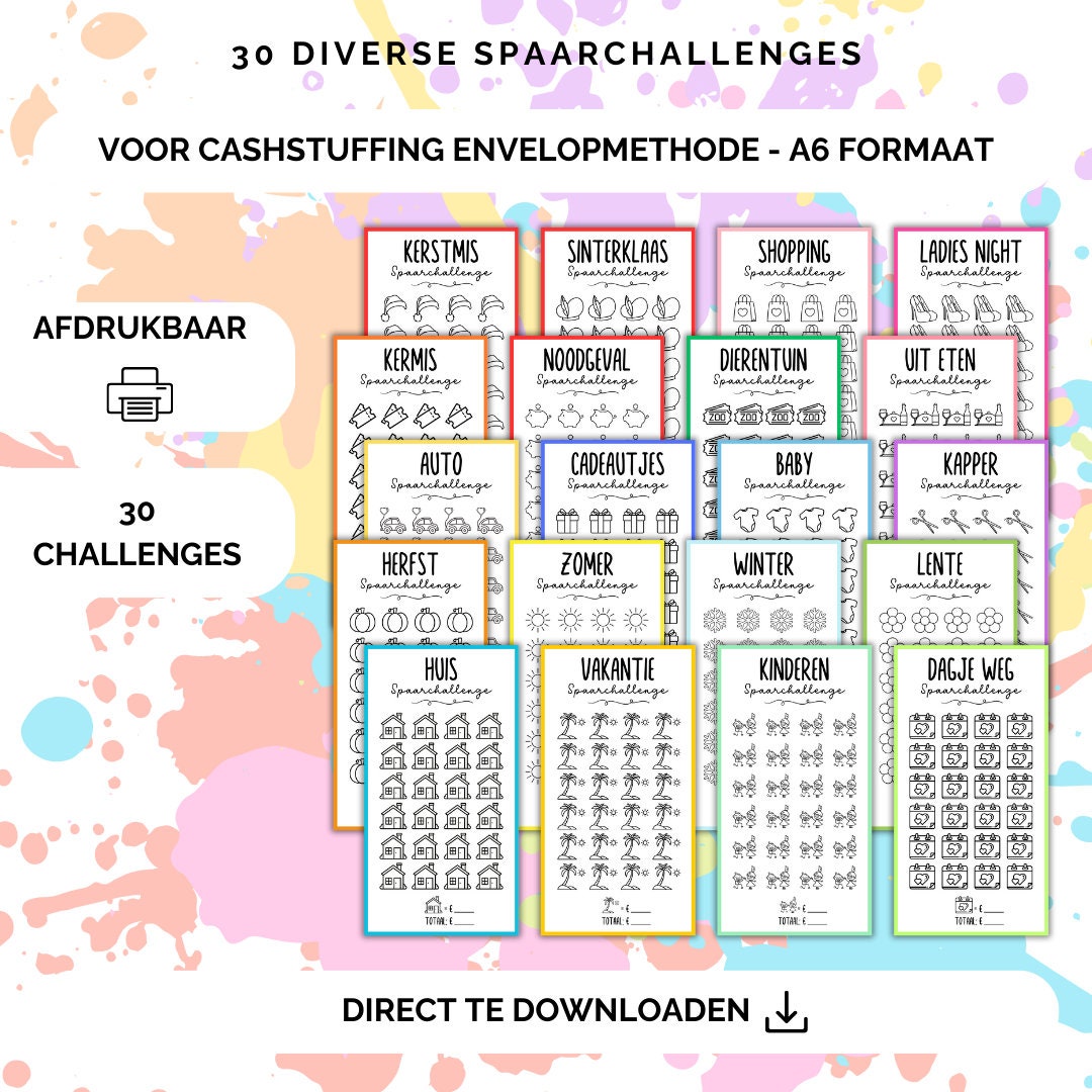 30 diverse challenges for cash stuffing, a6 budget binder, digital download, cash stuffing, budgeting, saving method, netherlands, saving