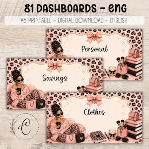 May include: Three A6 digital printable dashboards featuring a leopard print background, a pink bow, and an illustration of a person with dark hair wearing sunglasses. The dashboards are labeled Personal, Savings, and Clothes, with decorative elements like books, handbags, and makeup brushes.