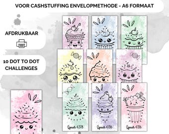Puede incluir: Diez hojas de actividades de punto a punto imprimibles con diseños de cupcakes lindos. Cada hoja incluye un diseño de cupcake diferente y un precio para ahorrar. El texto "Spaar" es holandés para "Ahorrar".