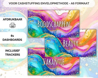 Puede incluir: Un conjunto de 81 tableros tamaño A6 para sobres de presupuesto con un patrón de mármol abstracto en tonos morado, azul, rosa y dorado. El texto incluye 81 DASHBOARDS, VOOR CASHSTUFFING ENVELOPMETHODE, BOODSCHAPPEN, BEAUTY, VAKANTIE, AFDRUKBAAR, INCLUSIEF TRACKERS y DIRECT TE DOWNLOADEN.