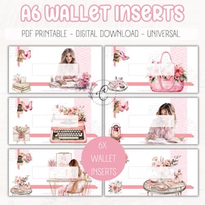 May include: A6 wallet inserts with a pink and white design. The inserts feature illustrations of a woman, flowers, and accessories. Text includes "PDF Printable - Digital Download - Universal" and "6x Wallet Inserts."