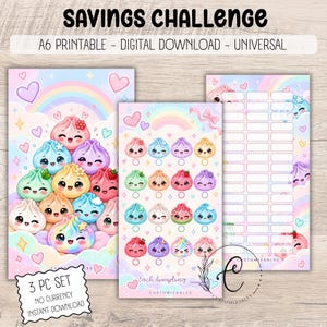 May include: A three-piece savings challenge set featuring digital downloads with pastel rainbow backgrounds and cute dumpling characters. The sheets include illustrations of colourful dumplings, hearts, and blank tracking boxes for financial goals.