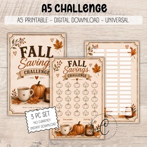Puede incluir: Un conjunto de tres documentos digitales A5 Fall Savings Challenge con páginas color crema, texto marrón, ilustraciones de calabazas y hojas de arce, una taza de café y un frasco. Las páginas incluyen una cuadrícula de seguimiento.