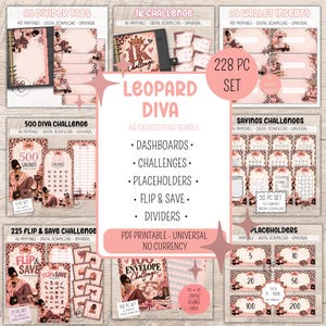 Könnte beinhalten: Ein 228-teiliges Leopard Diva A6 Budget-Planer-Set mit druckbaren PDF-Dashboards, Spar-Challenges, Platzhaltern, Flip-and-Save-Trackern und Trennblättern in verschiedenen rosa und Leopardenmuster-Designs.