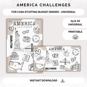 Op de afbeelding: Printbare "America Challenge" cash stuffing budgetbinder in A5 en A6 formaten. Het ontwerp heeft een beige achtergrond met zwarte lijntekeningen van Amerikaanse bezienswaardigheden, waaronder het Vrijheidsbeeld, de Golden Gate Bridge en het Hollywood-bord.