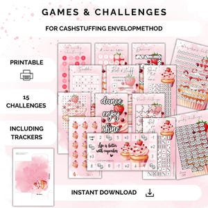 以下が含まれることがあります： ピンクと白を基調とした、キャッシュスタッフィング用の印刷可能なゲームとチャレンジのコレクション。デザインには、カップケーキ、イチゴ、「dance enjoy shine」の文字が含まれています。15のチャレンジとトラッカーが含まれています。