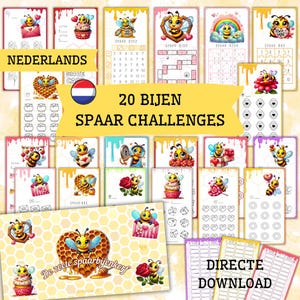 Op de afbeelding: Een verzameling van 20 spaaruitdagingen met bijen als thema, met kleurrijke illustraties van bijen, harten, cupcakes en bloemen. De kaarten bevatten Nederlandse tekst, met zinnen als "SPAAR" en "DIRECTE DOWNLOAD."