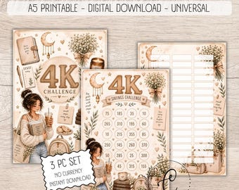 4K Savings Challenge Printable, Cute Savings Challenge, A5 Cash Stuffing Challenge, No Currency Budget Binder Insert, Digital Download