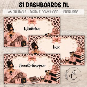 May include: A set of A6 printable digital dashboards featuring a leopard print background, a pink bow, and an illustration of a person with sunglasses holding a drink. The text includes the words Winkelen, Luxe, and Boodschappen in black script.