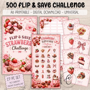 Può includere: Un set di 27 pezzi A6 stampabili in download digitale intitolato 500 Flip & Save Challenge. La collezione sui toni del rosa presenta illustrazioni di fragole e cioccolato, inclusi torte, ciambelle e fiocchi, organizzati su fogli di tracciamento.