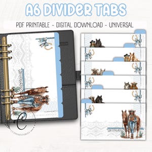 May include: A6 divider tabs with a cowboy theme. The tabs are light blue and feature illustrations of horses, cowboys, and decorative elements. The text "A6 DIVIDER TABS" is displayed at the top. The tabs are designed for PDF printable and digital download.