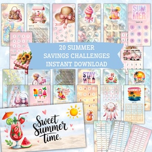 Puede incluir: Un conjunto de 20 desafíos de ahorro de verano con ilustraciones en acuarela. Los diseños incluyen conos de helado, una escena de playa, una furgoneta rosa y un cóctel. Texto: "Sweet Summer Time" y "Instant Download".