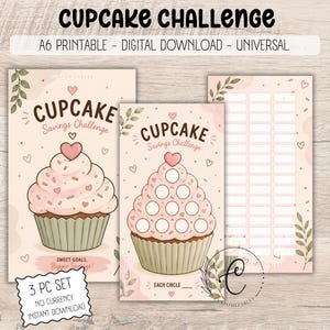 Puede incluir: Un conjunto de tres piezas A6 imprimibles de descarga digital que presenta un desafío de ahorro de cupcakes. El diseño incluye ilustraciones de cupcakes con glaseado rosa, corazones y hojas verdes sobre un fondo claro, con círculos y casillas vacías.