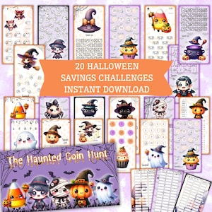 Op de afbeelding: Een verzameling Halloween spaaruitdagingen. Het ontwerp toont cartoonfiguren zoals geesten, pompoenen en heksen. De tekst luidt "20 Halloween Spaaruitdagingen Direct Downloaden" en "The Haunted Coin Hunt".