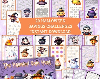 May include: A collection of Halloween-themed savings challenges. The design features various cartoon characters like ghosts, pumpkins, and witches. The text reads "20 Halloween Savings Challenges Instant Download" and "The Haunted Coin Hunt."