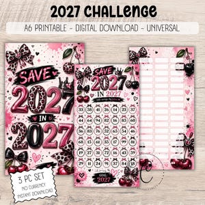 Op de afbeelding: Een driedelige digitale downloadset voor een 2027 spaarchallenge. Het ontwerp bevat roze en zwarte strikken met luipaardprint, kersen en hartjes. Het bevat een spaartracker-blad met genummerde cirkels en een lege lijst voor het bijhouden.