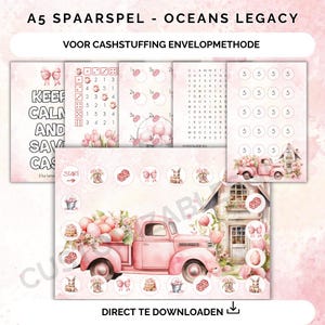 Op de afbeelding: Een roze en wit printbaar spelbord met een roze vrachtwagen die paaseieren vervoert. Het spelbord bevat een woordzoeker, een getallenpuzzel en een spelbord met een pad dat spelers kunnen volgen. Het spelbord is getiteld "A5 SPAARSPEL - OCEANS LEGACY" en "VOOR CASHSTUFFING ENVELOPMETHODE".