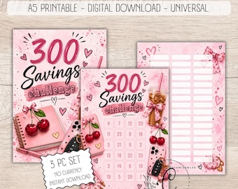 300 Girly Savings Challenge, Printable Savings Challenge A5, No Currency Budget Binder Insert, Digital Download, Cash Stuffing