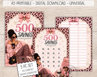 500 Diva Savings Challenge, Printable Savings Challenge A5, No Currency Budget Binder Insert, Digital Download, Cash Stuffing