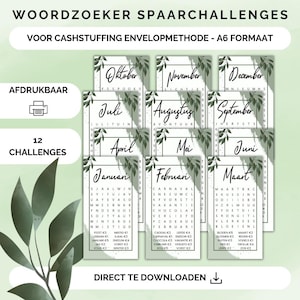 12 months word search challenge for cashstuffing, euro, a6 budget binder, savings challenge, printable, savings method, budget planner, nl