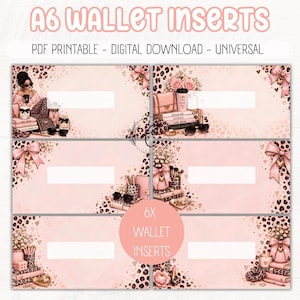 May include: Six A6 wallet inserts featuring a light pink background with leopard print accents and illustrations of fashion accessories, makeup, and books. Each insert includes a blank white rectangular space for text and the label 6X WALLET INSERTS.
