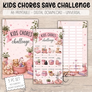 Op de afbeelding: Een driedelige set van A6 printbare Kids Chores Challenge-vellen in een zachtroze kleurenpalet. De ontwerpen bevatten illustraties van teddyberen, een eenhoorn, planten en huishoudelijke artikelen, met lege ruimtes voor het bijhouden.