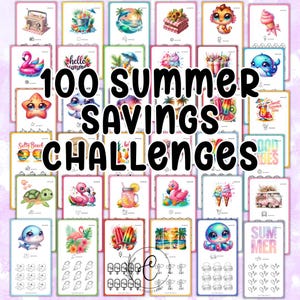 Op de afbeelding: Een verzameling kleurrijke spaaruitdagingskaarten met zomerthema. Elke kaart bevat unieke aquarel illustraties van strandtaferelen, dieren en zomerse lekkernijen. De tekst "100 SUMMER SAVINGS CHALLENGES" is prominent aanwezig.