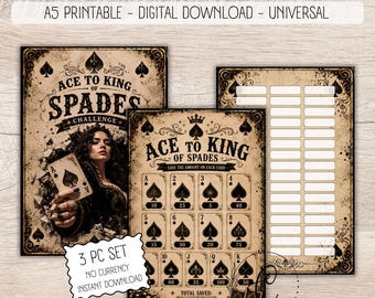 Ace to King of Spades Savings Challenge Printable, A5 Cash Stuffing Challenge, No Currency, Budget Binder, Digital Download PDF