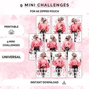 Puede incluir: Nueve mini desafíos imprimibles con una mujer elegante con un suéter rosa y pantalones negros. Cada desafío tiene una cuadrícula de números diferente con los números del 1 al 9. El texto "9 MINI CHALLENGES FOR A6 ZIPPER POUCH" está en la parte superior de la imagen. El texto "INSTANT DOWNLOAD" está en la parte inferior de la imagen.