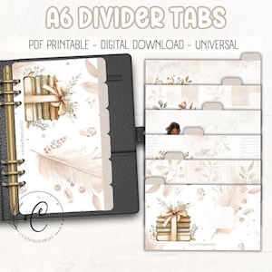 May include: A6 divider tabs with a neutral color palette. The tabs feature floral and book illustrations. The text "A6 DIVIDER TABS" is at the top. The words "PDF PRINTABLE - DIGITAL DOWNLOAD - UNIVERSAL" are also visible.