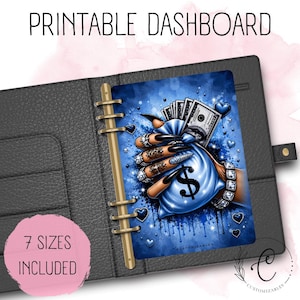 May include: A printable dashboard for a ring-bound planner featuring a blue graphic of a hand holding a money bag with dollar signs and cash. The design includes long nails, rings, and small blue hearts against a dark blue splattered background.
