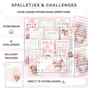 以下が含まれることがあります： ピンクと白のノームをフィーチャーした、印刷可能な15のチャレンジとトラッカーのセット。画像の上部には、「SPELLETJES＆CHALLENGES」と「VOOR CASHSTUFFING ENVELOPMETHODE」のテキストがあります。左上隅には「AFDRUKBAAR」のテキストがあります。左中央には「15 CHALLENGES」のテキストがあります。左下隅には「INCLUSIEF TRACKERS」のテキストがあります。画像の下部には「DIRECT TE DOWNLOADEN」のテキストがあります。