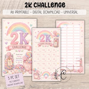 Può includere: Un set di 3 pezzi A6 stampabili in download digitale per sfida di risparmio con arcobaleni pastello, nuvole, cuori e barattoli di caramelle. Il testo recita 2K CHALLENGE, Small steps today, big dreams tomorrow e Dream Big. Include una griglia.