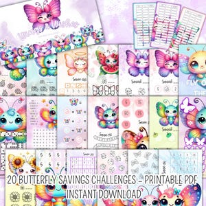 Puede incluir: Un conjunto de 20 desafíos de ahorro con temática de mariposas en formato PDF imprimible. Los diseños presentan ilustraciones coloridas de mariposas. El texto "Wings & Wishes" y "Instant Download" son visibles.
