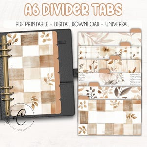 May include: A6 divider tabs with a variety of designs, including checkered patterns, floral motifs, and leaf accents. The tabs are in shades of brown and beige, with the text "A6 DIVIDER TABS" at the top.
