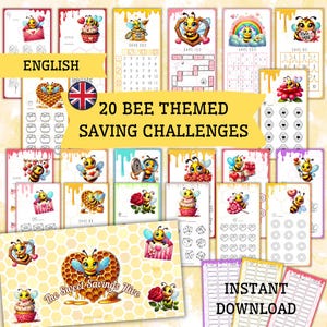 Könnte beinhalten: Eine Sammlung von 20 Spar-Challenges zum Thema Bienen. Jede Karte zeigt ein anderes Design, darunter Bienen, Herzen, Cupcakes und Blumen. Die Karten haben ein gelbes und rosa Farbschema mit dem Text "English", "Save" und "Instant Download".