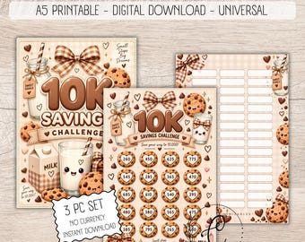 10K Savings Challenge Printable, Cookie Savings Challenge, A5 Cash Stuffing Challenge, No Currency Budget Binder Insert Digital Download