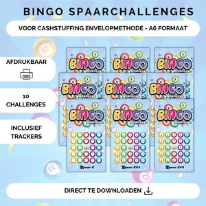 May include: Ten printable bingo cards with a blue background and the text "Bingo Challenge" on each card. The cards have a grid of circles with numbers and a crown in the center. The text "Spaar €" is at the bottom of each card, followed by a number. The text "Direct te downloaden" is at the bottom of the image.