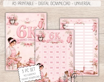 6K Savings Challenge Printable, Cute Savings Challenge, A5 Cash Stuffing Challenge, No Currency Budget Binder Insert, Digital Download