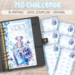 Può includere: Una stampa digitale con il testo "750 Challenge". Il design presenta un flacone di profumo floreale blu e farfalle. Include diverse piccole carte con numeri e un design simile, il tutto all'interno di un raccoglitore nero.