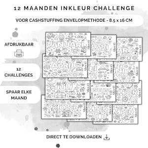 May include: A set of 12 printable colouring pages featuring monthly themes, each with the month's name in Dutch and the text "Alles €1". The pages are designed for cash stuffing envelope method and measure 8.5 inches by 16 inches.