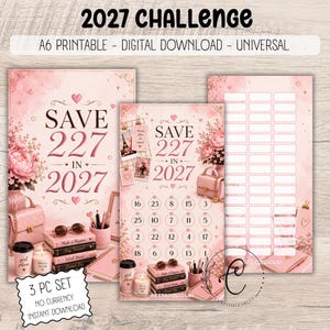Peut inclure: Un ensemble de trois téléchargements numériques pour un défi d'épargne 2027. L'imprimable A6 rose présente le texte 'SAVE 227 IN 2027' avec des illustrations de livres, un sac à main, des fleurs et une grille de cercles numérotés.