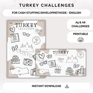 May include: Printable Turkey Challenge cash stuffing envelopes in A5 and A6 sizes. The design includes travel-themed illustrations, the text "Turkey Challenge", and the words "Instant Download". The envelopes are designed for the cash stuffing envelope method.