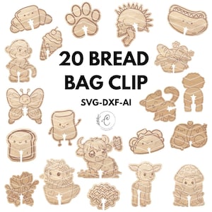 20 Funny Wooden Bread Clips SVG Laser Cut Bag Clip File, Bread Tag, animals, Bread Bag holder for laser cutting and engraving