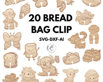 20 Funny Wooden Bread Clips SVG Laser Cut Bag Clip File, Bread Tag, animals, Bread Bag holder for laser cutting and engraving