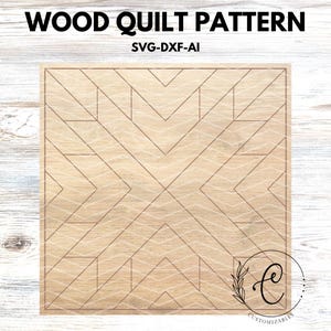 May include: A square wooden quilt pattern with a geometric design. The pattern features a series of angled lines forming a symmetrical design. The text "WOOD QUILT PATTERN" and "SVG-DXF-AI" are at the top.