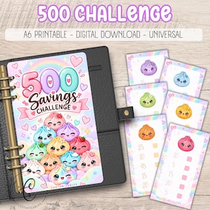 Puede incluir: Un descargable digital imprimible A6 500 Savings Challenge que incluye una carpeta negra con una hoja insertable colorida. La hoja muestra dibujos animados de dumplings en tonos pastel con caras, corazones y arcoíris. Incluye tarjetas de desafío a juego.