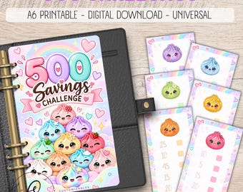 Cute kawaii savings challenge - Save 500 Money Tracker Printable, A6 Budget Binder Savings, Universal, No currency, Cashstuffing challenges