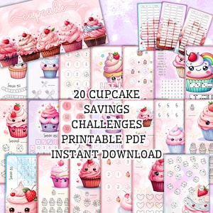 May include: A collection of 20 cupcake-themed savings challenges in a printable PDF format. The design features illustrations of cupcakes with cherries, strawberries, and other decorative elements. The text includes "Cupcake Savings Challenges" and "Instant Download."